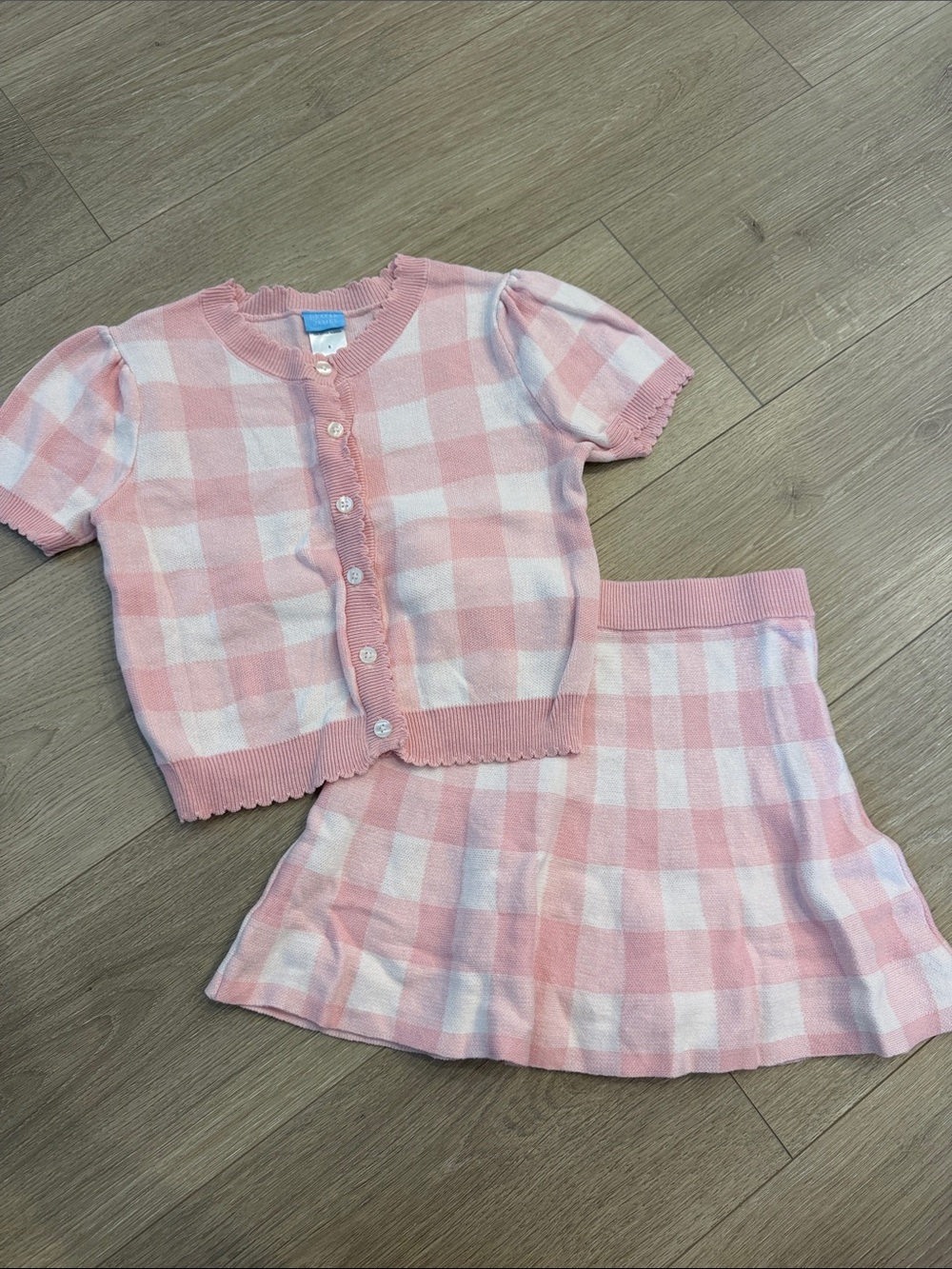 Draper James Girls Pink and White Gingham Knit Pajama Set